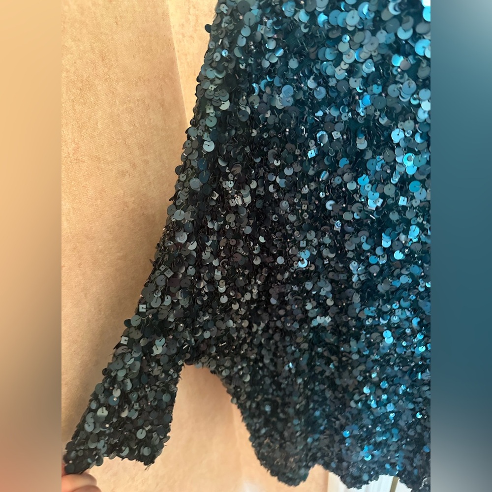 St. John Teal Sequin Asymmetrical Top - Picture 4 of 5
